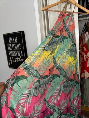L'ATISTE Mint, Coral & Yellow Tropical Leaf Halter Dress